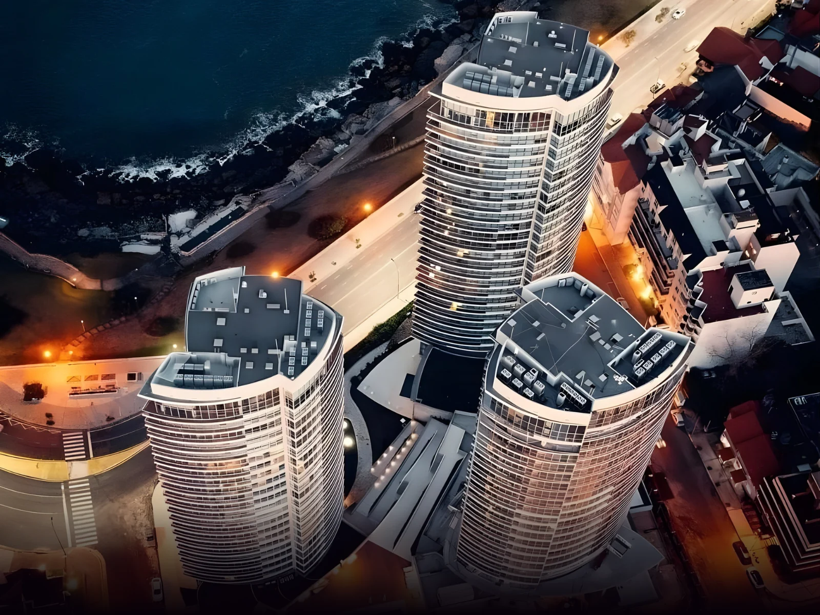 Vista aérea de las Torres Pelli junto a la costa de Mar del Plata